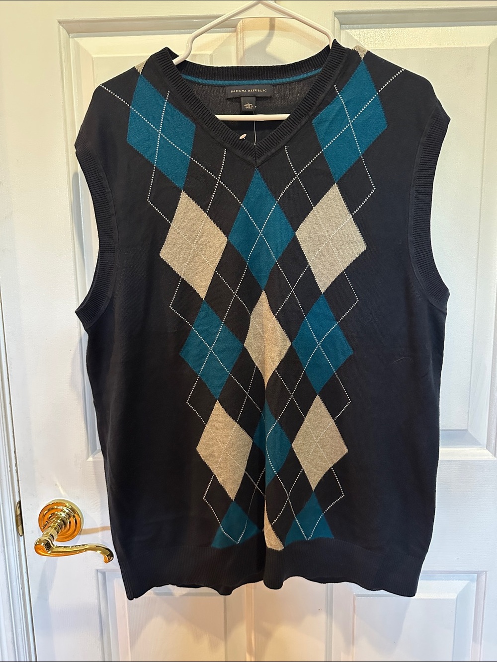 Banana Republic Men’s Navy Argyle V-Neck Sweater Vest with Teal & Gray Diamonds